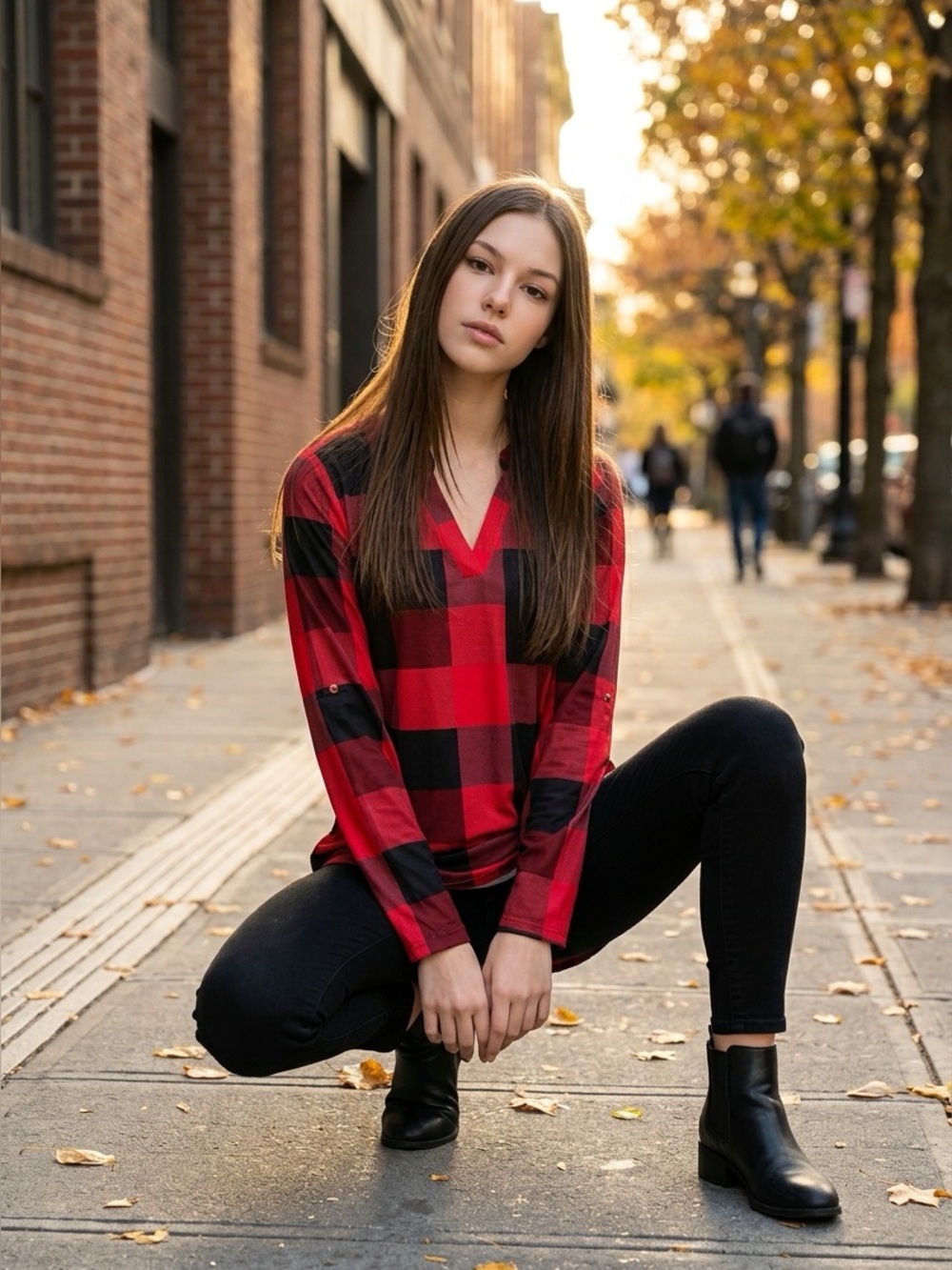 Buffalo Plaid Blouse V Neck Roll Tab Long Sleeve High Low Womens Medium NWOT